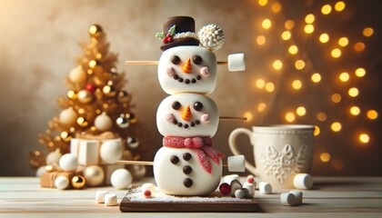 Charming marshmallow snowmen delicately adorned with chocolate and candy details.
