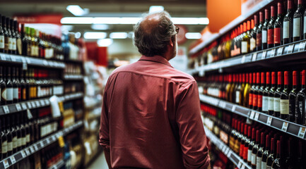 A man stands contemplatively in a supermarket wine aisle, surrounded by a vast array of options