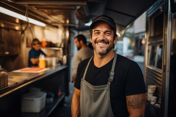 Smiling mid adult male owner looking away while standing in food truck - obrazy, fototapety, plakaty