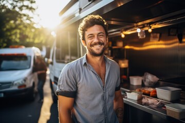 Smiling mid adult male owner looking away while standing in food truck
