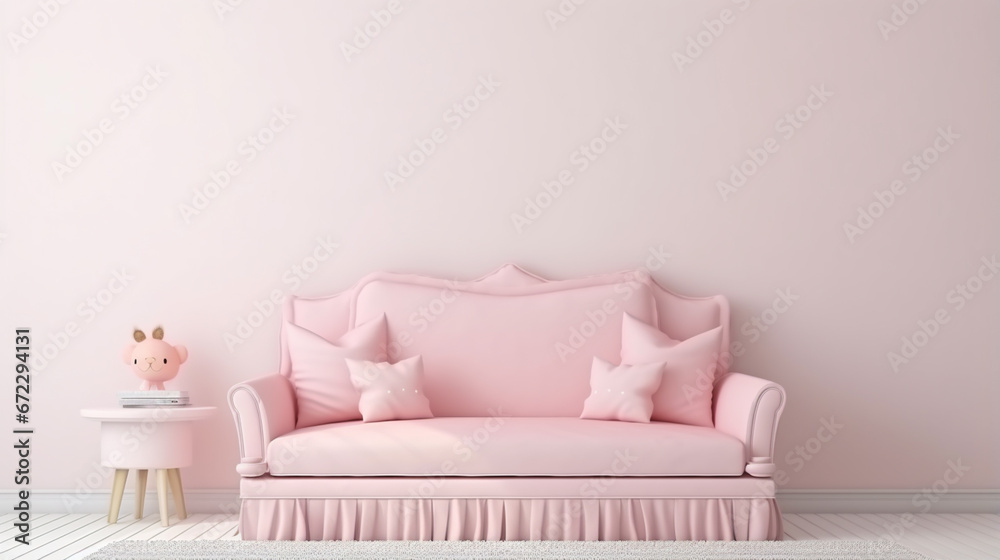 Sticker baby pink sofa in wall child room interior. pink sofa pink living room minimal style. generative ai