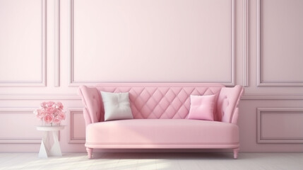 baby pink Sofa in wall child room interior. pink sofa pink living room minimal style. generative ai