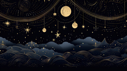  a night sky with stars and moon hanging from the ceiling.  generative ai