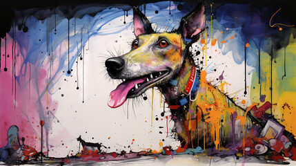  a painting of a dog on a wall with paint splatters.  generative ai