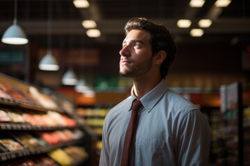 Obraz premium A thoughtful salesperson looks towards the supermarket entrance.