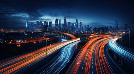 Obraz premium traffic on highway at nigh drone view