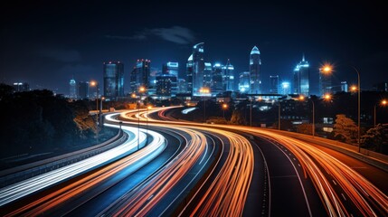 Obraz premium traffic on highway at nigh drone view