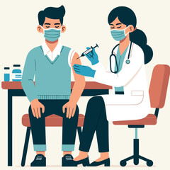 Female doctor preparing to vaccinate Asian male patient in flat vector design.