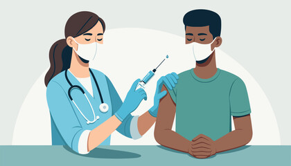 Tan-skinned female doctor vaccinating dark-skinned man in well-lit vector medical room.