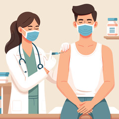 Female doctor in blue mask vaccinating tan-skinned patient in minimalist vector office.