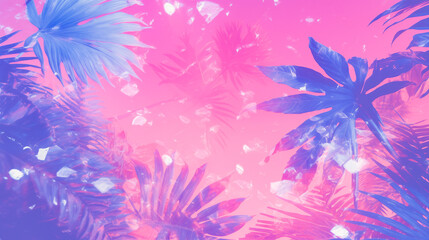 Fototapeta na wymiar An abstract background of a tropical jungle scene with palm trees, other foliage and small particles scattered throughout. Neon pink and blue color scheme. Dreamy, surreal mood. 