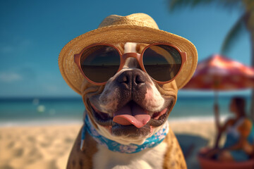 close-up of a dog in a hat and glasses. happy dog on sea vacation. Generative AI