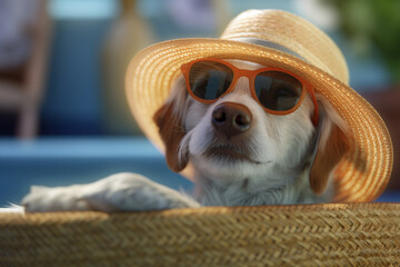 close-up of a dog in a hat and glasses. happy dog on sea vacation. Generative AI