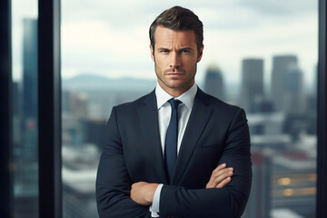 Serious young businessman with short dark hair in a suit standing against the backdrop of cityscape from an office window