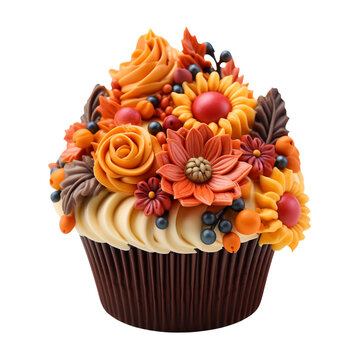 Autumn Cupcakes, Fall Muffins, Thanksgiving cup cakes, Vanilla icing frosting, floral decorations in orange, yellow, brown and red, Isolated on Transparent Background PNG