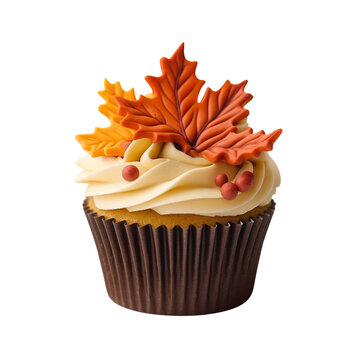 Autumn Cupcakes, Fall Muffins, Thanksgiving cup cakes, Vanilla cake, White frosting icing, Fall leaves in Orange and yellow, Isolated on Transparent Background PNG