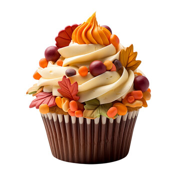 Autumn Cupcakes, Fall Muffins, Thanksgiving cup cakes, chocolate cupcake, vanilla icing frosting, fall leaves in orange, red, yellow and green Isolated on Transparent Background PNG