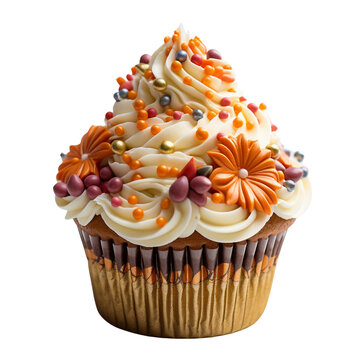 Autumn Cupcakes, Fall Muffins, Thanksgiving cup cakes, Vanilla icing frosting, floral decorations in orange and red, Isolated on Transparent Background PNG