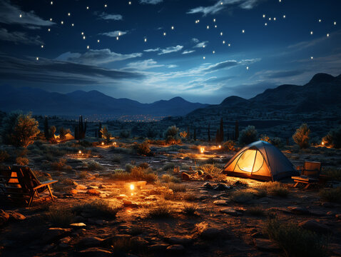 Campsite at night. Bonfires and candles lit the area. The sky is filled with beautiful stars