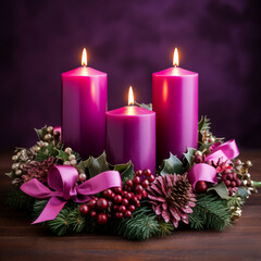 Obraz na płótnie Canvas Christmas table wreath with candles, AI Generative.