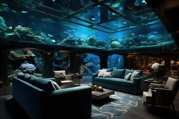 Incredible Photo of a Living Room Underwater with a View of all the fishes, Illuminating the Scene with Sunrays coming from the Big Glass Window.