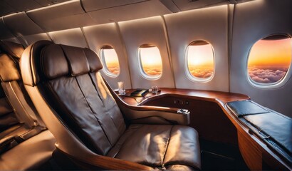 Luxurious and spacious Business Class seats in the aircraft's luxurious First Class cabin. The seats are extremely comfortable. White and cream tones