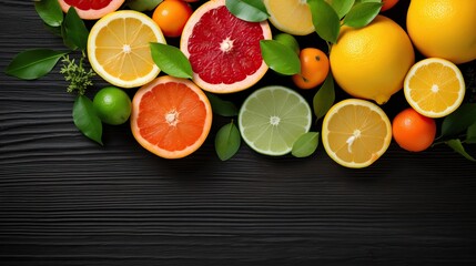 Professional Photo of a Helthy Bunch of Red Yellow Orange and Green Oranges and Lemons ok a Dark Wooden Table. Empty Space for Text.
