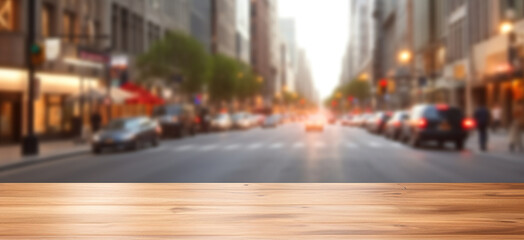 Fototapeta na wymiar Generative AI, Empty wooden table top with blur background of a busy street, big city