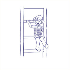 Cute little boy siting with joy and laughter, on the stairs. Hand drawn cartoon doodle vector illustration.