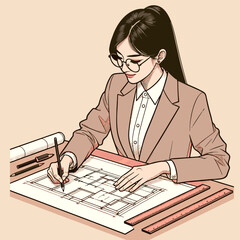 Vector Asian engineer at drafting table with pastel background.