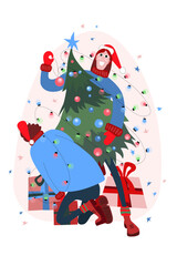 Vector New Year illustration of hugging people in warm knitted New Year hats, sweaters and gloves with a New Year tree and garland