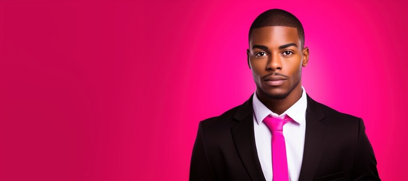 handsome black business man smartly dressed with pink and purple background for promo template