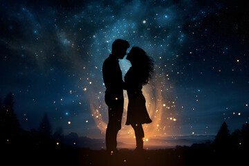 Dreamy silhouette of heterosexual couple sharing a kiss under starry night sky. Neural network generated image. Not based on any actual person, scene or pattern. - obrazy, fototapety, plakaty