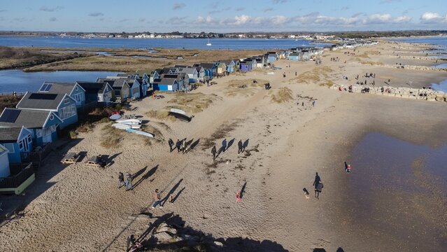 Aerial view of the Mudeford Sandbank Beach on a sunny day in England