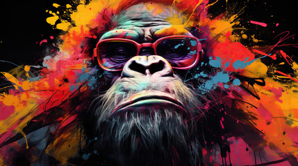  a monkey with glasses and a beard with paint splatters on it.  generative ai