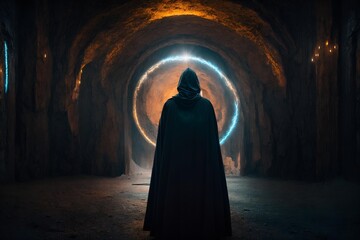 Naklejka premium A mysterious figure in a dark cloak