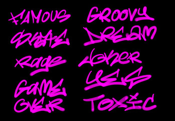 Collection of graffiti street art tags with words and symbols in pink color on black background