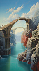  a painting of a bridge over a body of water with mountains in the background.  generative ai - obrazy, fototapety, plakaty