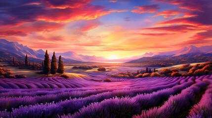  a painting of a lavender field with a sunset in the background.  generative ai
