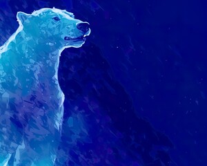 Polar bear in the snow, monochromatic blue hues illustration. Concept of climate changes, environment and also winter and seasonal holidays. Beautiful artistic card, banner.
