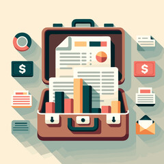 Vector design of open briefcase with financial documents on uniform background.