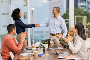 B2b success, winner or black woman shaking hands in meeting or startup project partnership or...