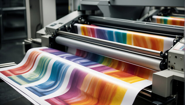 Modern printing machine with color swatches in factory