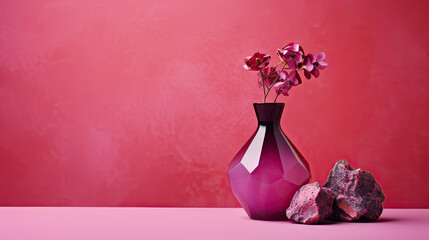  a purple vase with flowers and rocks on a pink surface.  generative ai