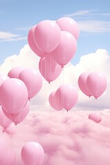 A Heap of Pink Balloons Flying up in the Sky in a Clear Day in the Middle of the Clouds.