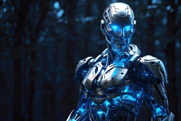
Glowing cyborg statue illuminated in blue mystery generated by AI.
