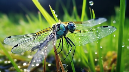  a blue dragonfly sitting on top of a blade of grass.  generative ai