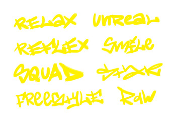 Collection of graffiti street art tags with words and symbols in yellow color on white background
