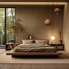 Professional Photo of a Luxury Wooden Bedroom illuminated with Sunlight coming from a Window. Modern Lighting System.