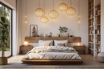 Professional Photo of a Luxury Wooden Bedroom illuminated with Sunlight coming from a Window. Modern Lighting System.